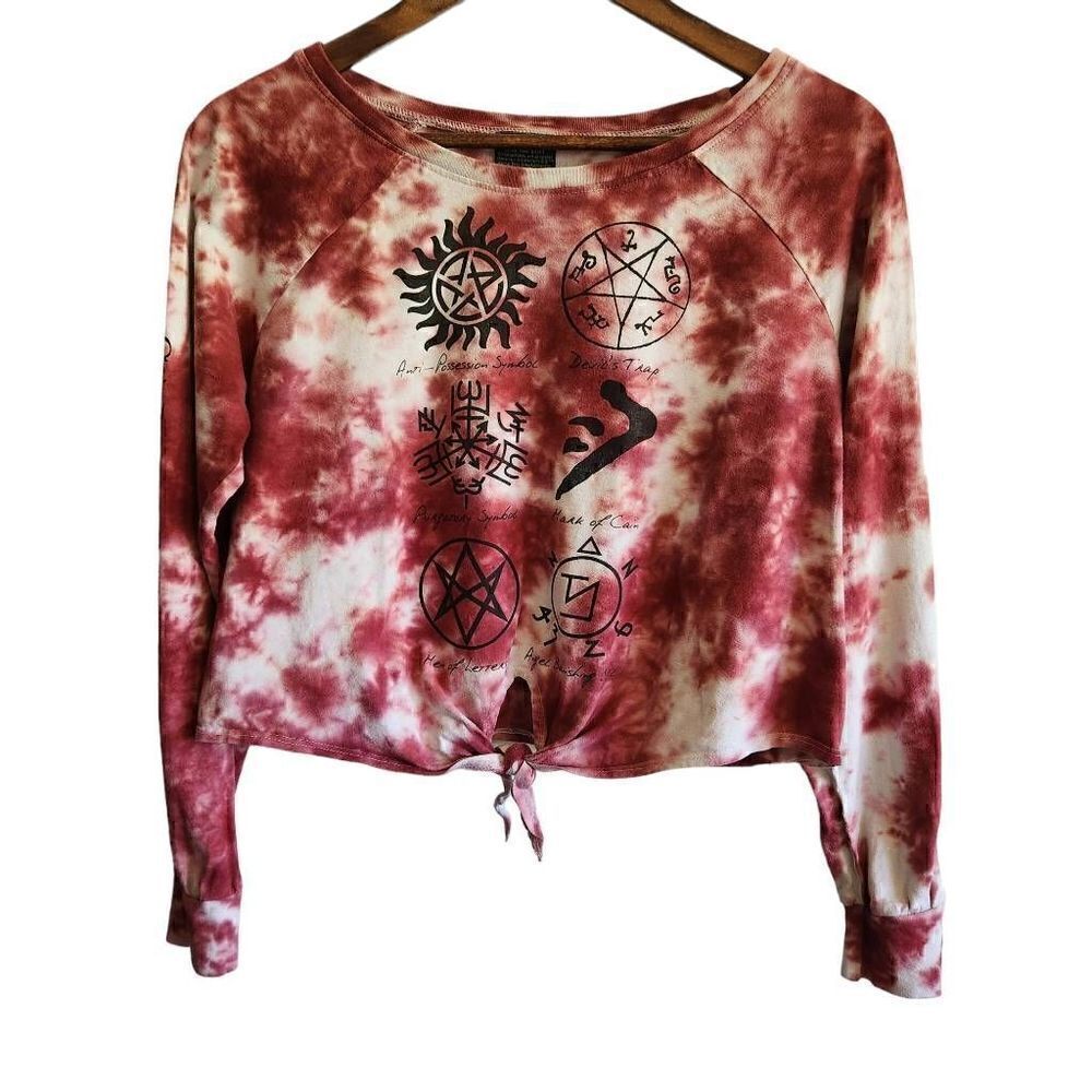Supernatural Tie Dye Cropped Tie Front Graphic Long Sleeve Top Size Medium